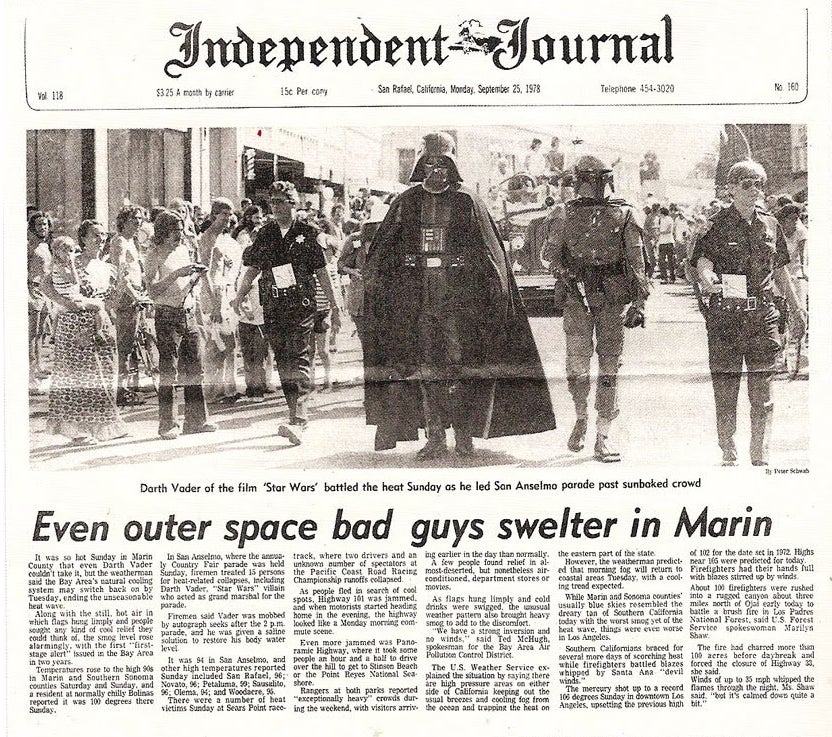 Portada de un periódico local cubriendo el desfile en San Anselmo en el que debutó Boba Fett.