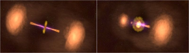 Interpretación artística del núcleo galáctico activo, como se vería perpendicularmente (izquierda) y como lo vemos fuera de ángulo desde la Tierra (derecha).