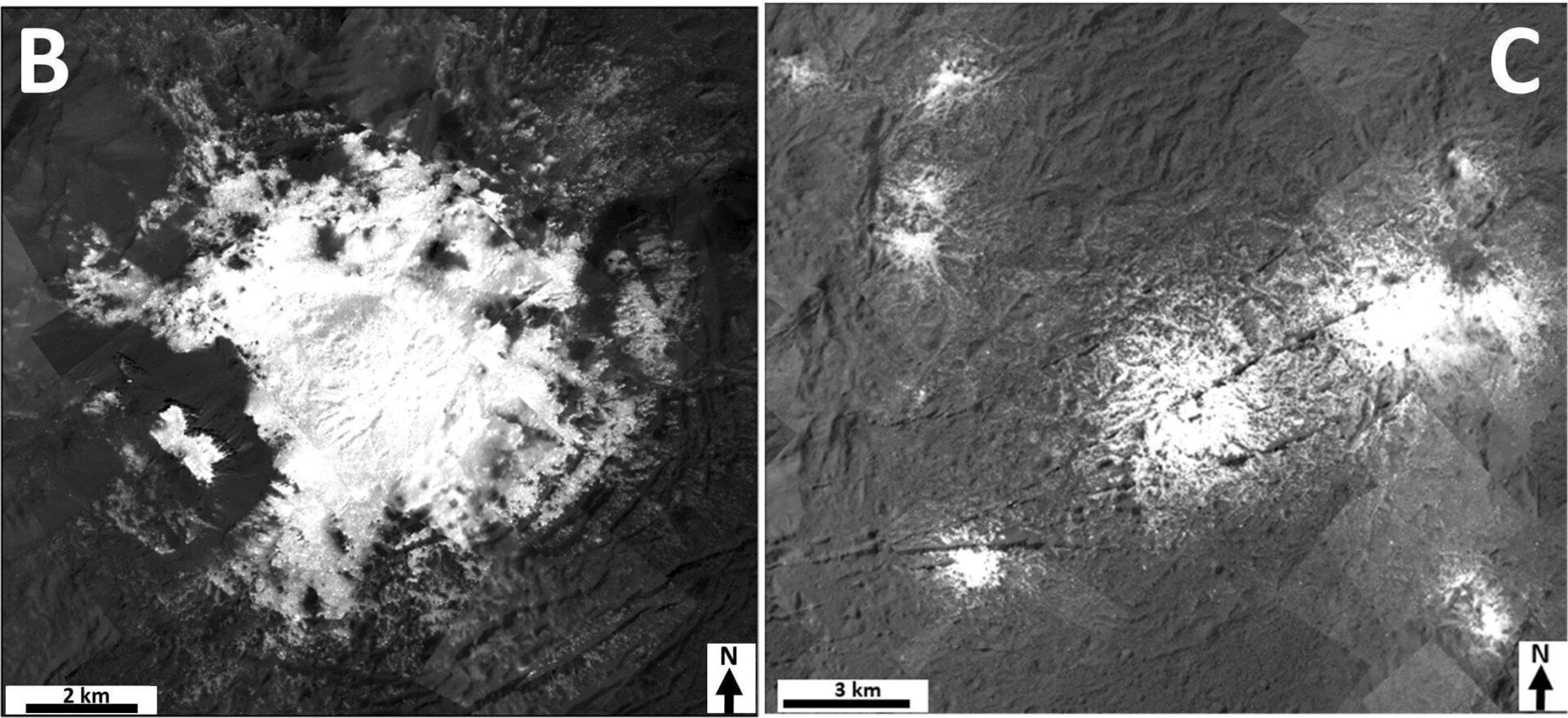 Vistas cercanas de Cerealia Facula (B) y Vinalia Faculae (C).