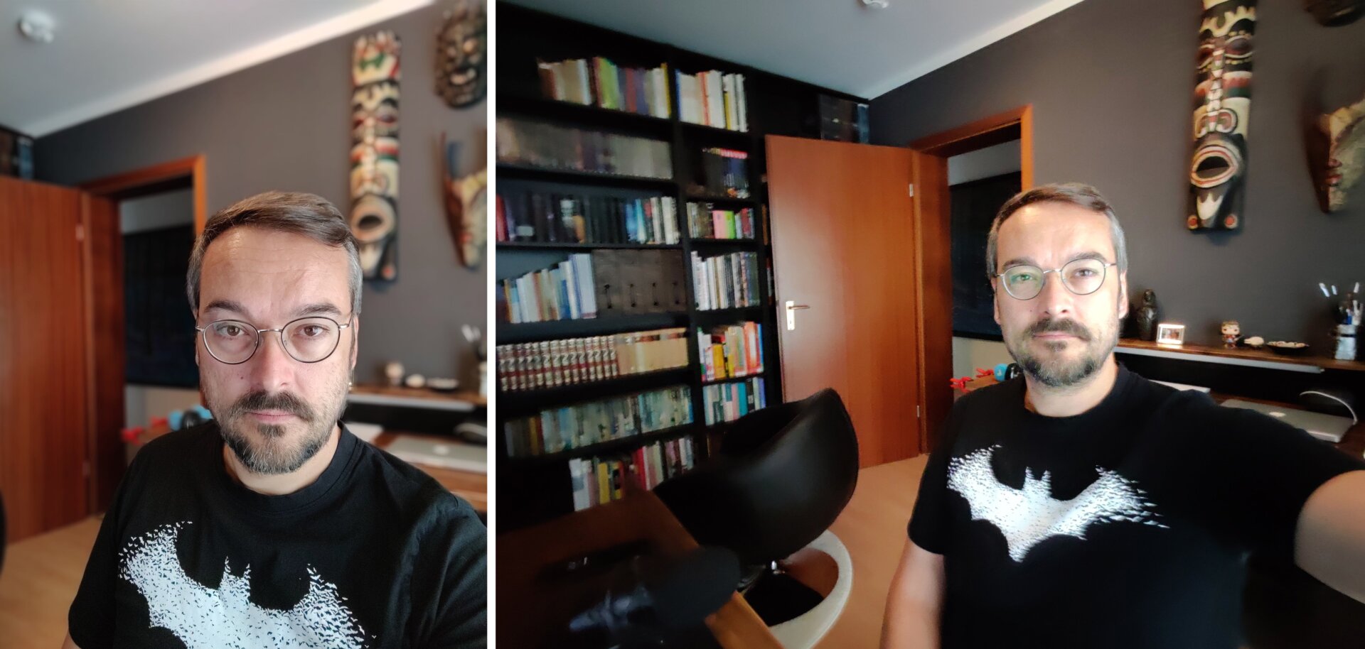 A la izquierda, un selfie con la cámara frontal principal en modo retrato. A la derecha, un selfie con la cámara gran angular. No hay color.