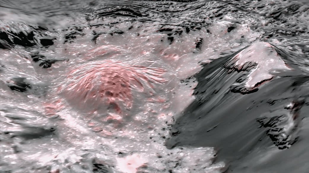 Imagen a falso color que muestra el interior del cráter Occator. Las áreas rosa muestran regiones en las que la salmuera expuesta se derramó sobre la superficie de Ceres.