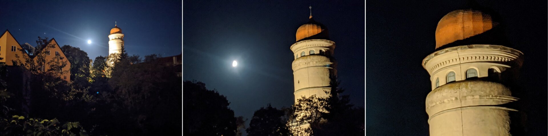 De izquierda a derecha: una foto nocturna sin zoom , y con este a 3x y 7x.