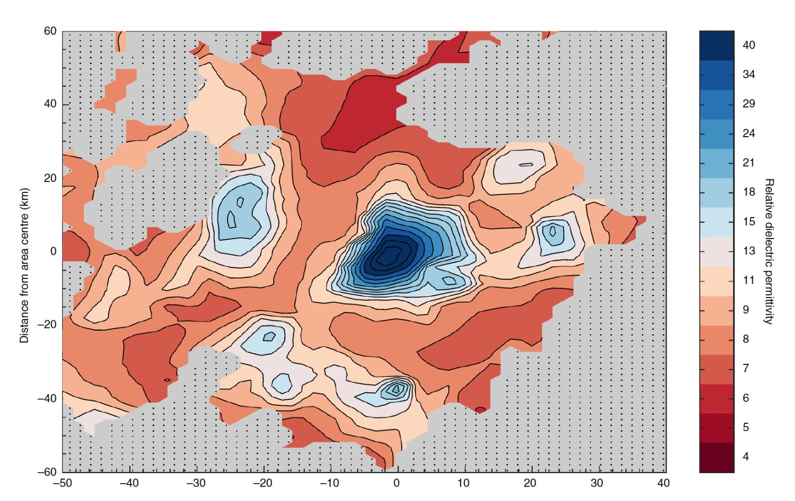Las regiones azules muestran una alta permitividad reflectante, un posible signo de agua líquida.