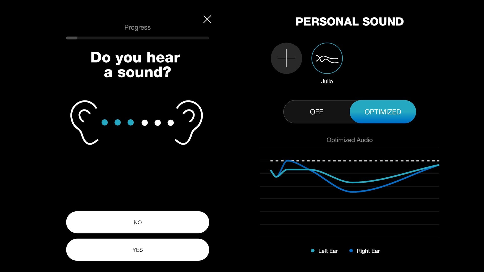 A la izquierda una de las pruebas de sonido que podemos hacer en la app de Skullcandy; a la derecha nuestro perfil guardado.