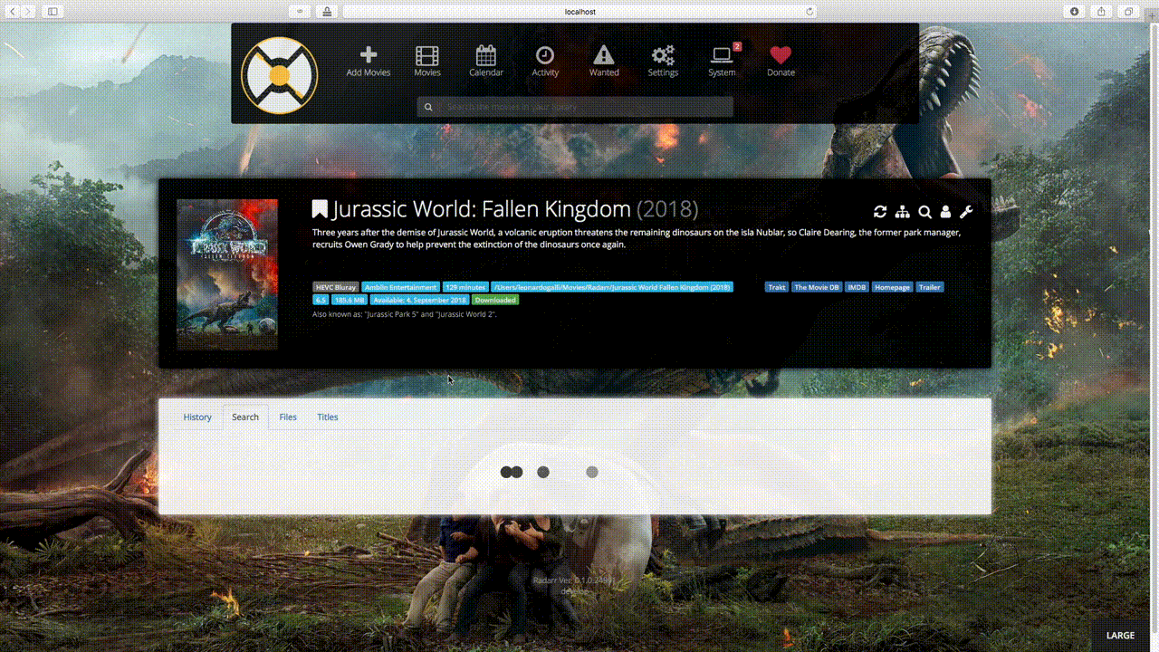 La interfaz de Radarr (que es idéntica a la de Sonarr)