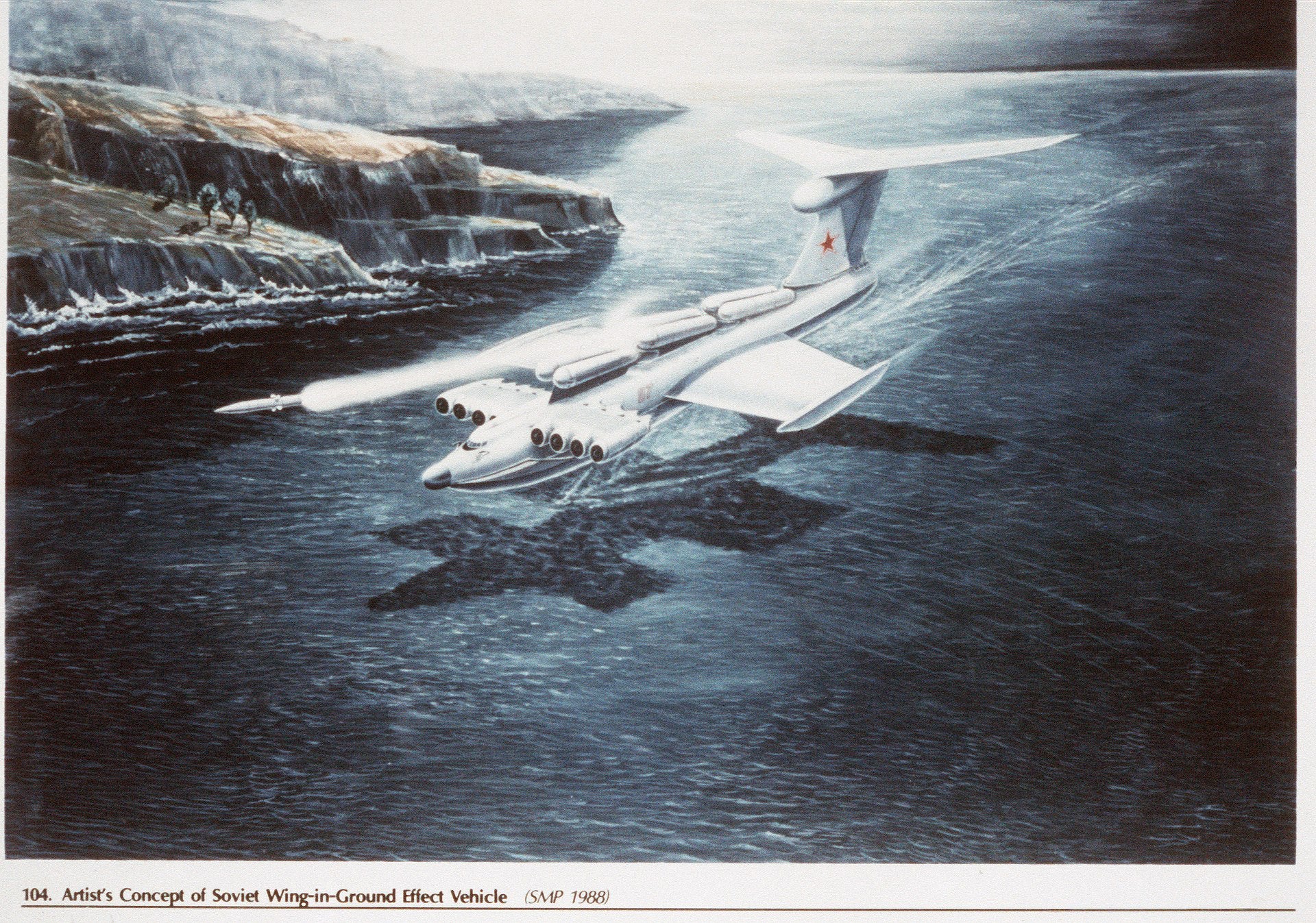 Concepto artístico de un ekranoplan clase Lun en vuelo