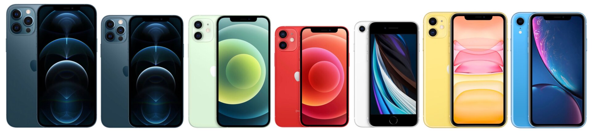 De izquierda a derecha: iPhone 12 Pro Max, iPhone 12 Pro, iPhone 12, iPhone 12 mini, iPhone SE, iPhone 11, iPhone XR