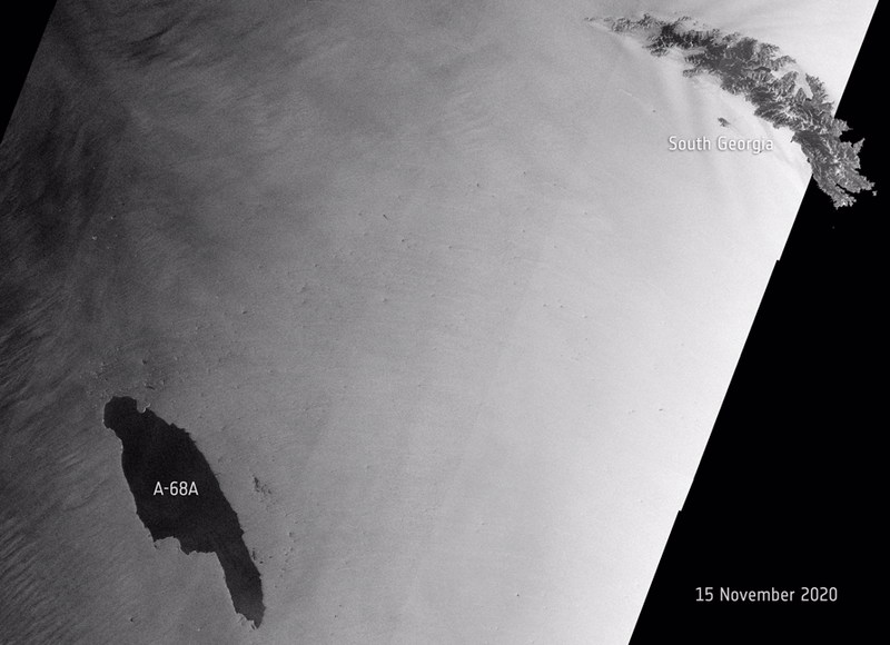 El iceberg A68a parece moverse en dirección oeste, lejos de la isla San Pedro (o Georgia del Sur).