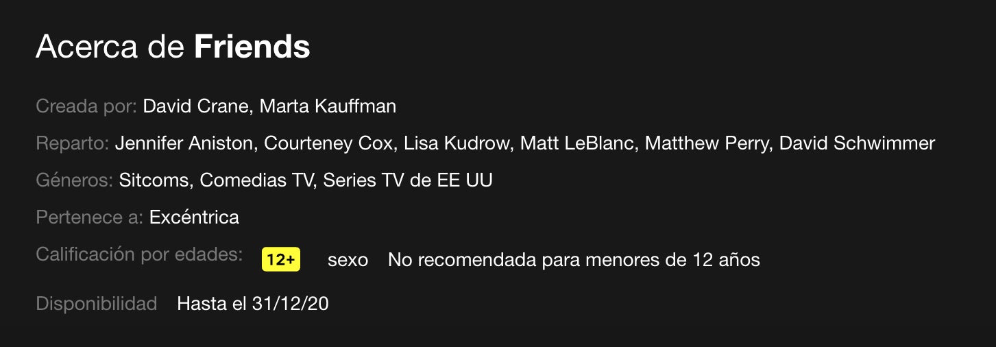 Netflix ya avisa de que Friends dejará de estar disponible después del 31 de diciembre de 2020