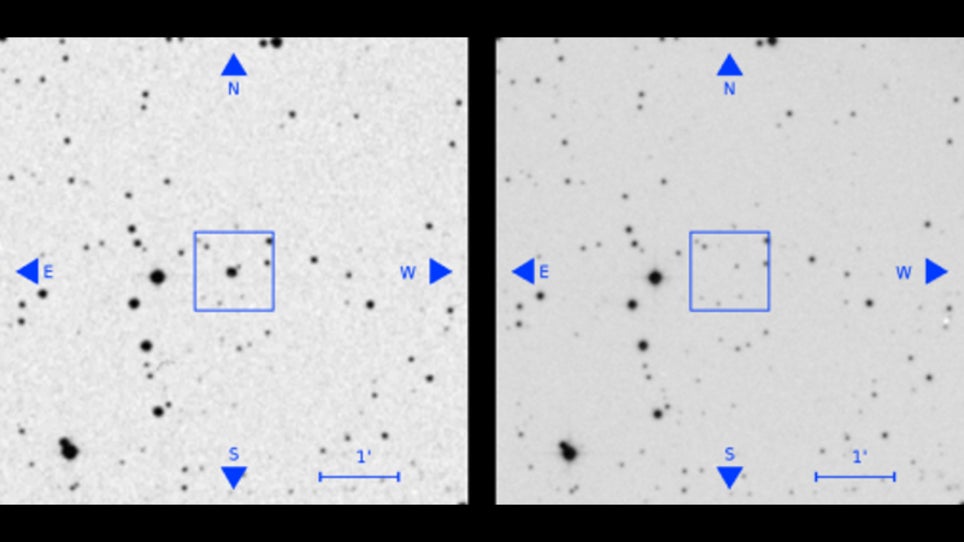 Un objeto celeste aparece en una placa telescópica antigua (izquierda) pero extrañamente falta en una placa posterior (derecha).