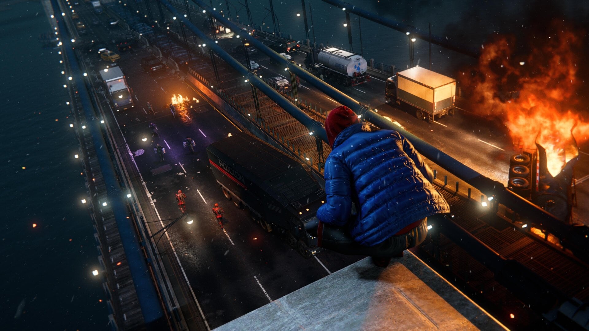 Miles Morales en PS5: buena calidad de luces, efecto del fuego y su reflejo, humo y partículas de nieve.