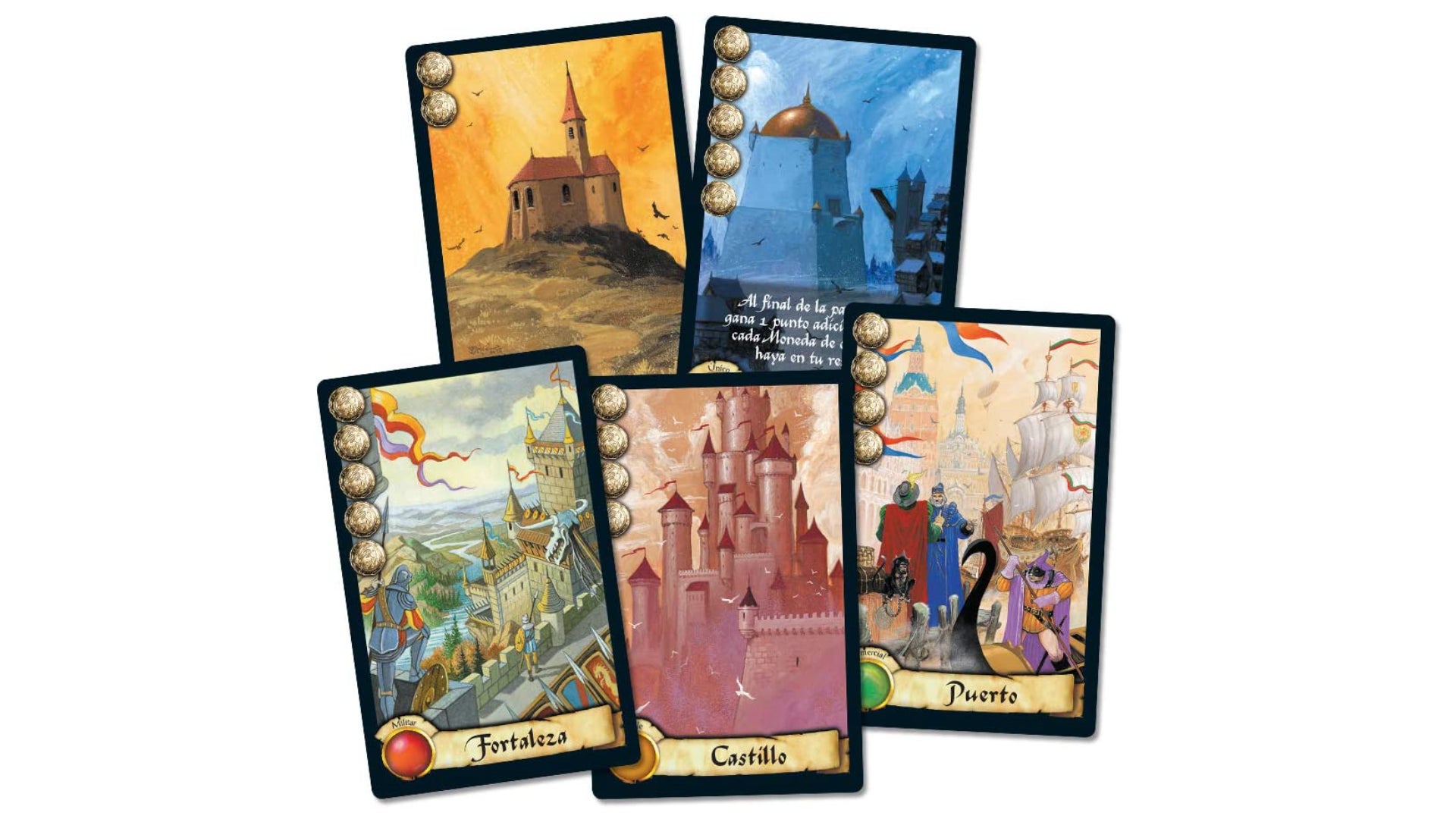 Algunas cartas del juego Ciudadelas, distribuido por Asmoode.