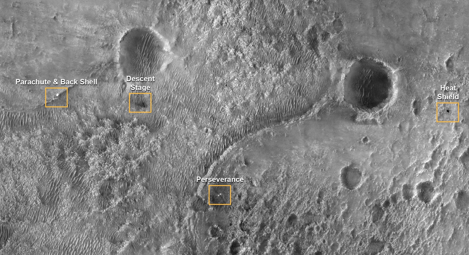 Imagen del Mars Reconnaissance Orbiter (MRO) mostrando la localización del Perseverance, el escudo de calor, el paracaídas y el módulo de descenso.