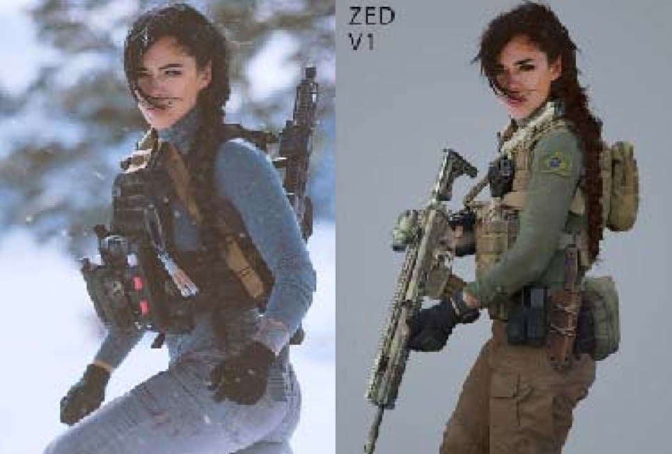 Izquierda: una imagen de la sesión de fotos original de Haugen, Derecha: una foto de 2019 tomada para Call of Duty, con la misma modelo 
