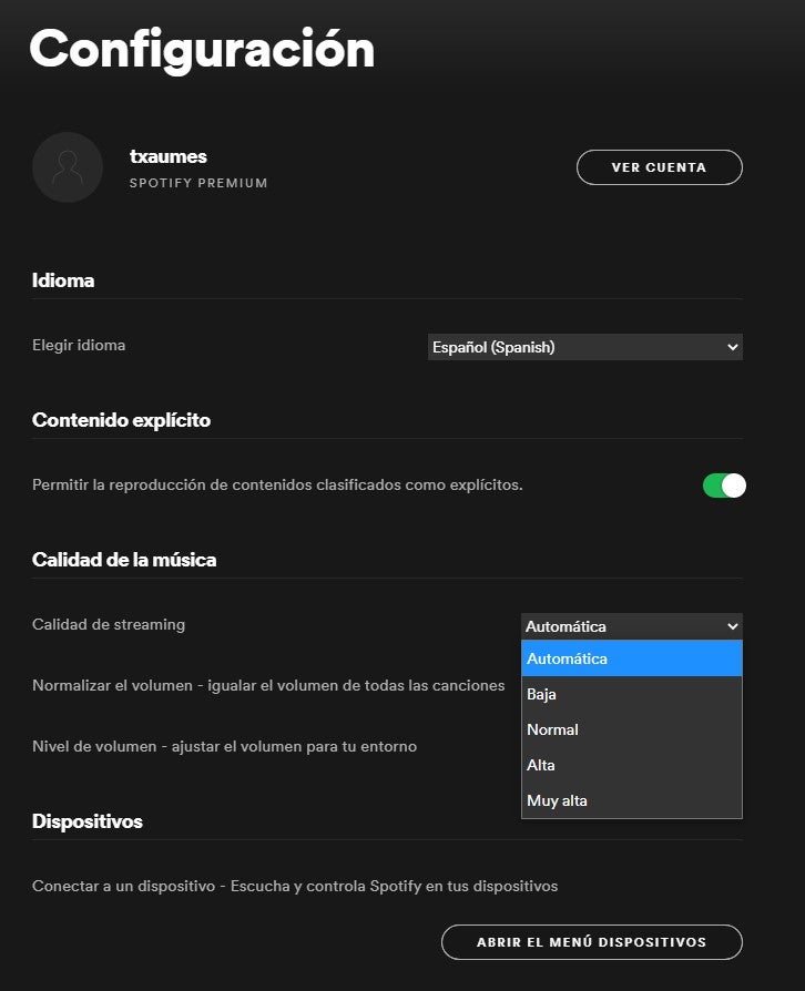 Spotfy no especifica la compresión de sus niveles de calidad en la app.