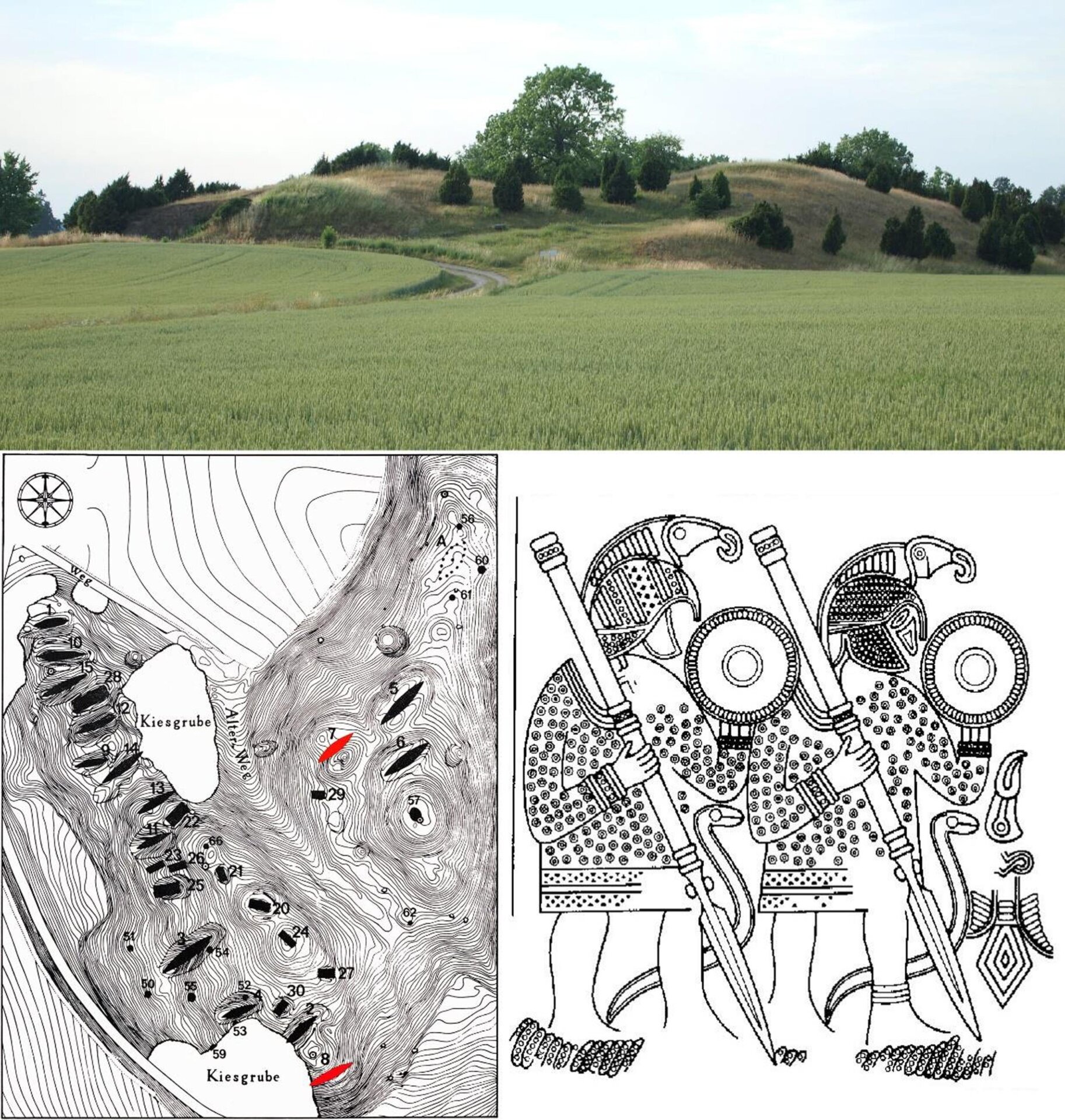 El cementerio de Valgärde y la disposición de los barcos junto a un grabado de uno de los cascos encontrados allí.