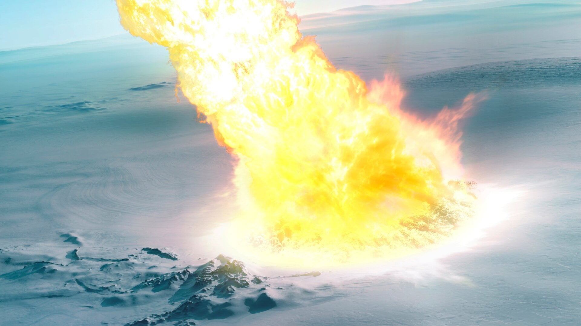 Interpretación artística del chorro caliente de partículas fundidas y gas caliente que golpeó la antigua superficie antártica.