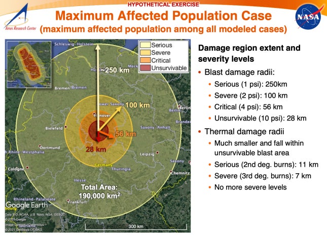 Una diapositiva tomada de los informes de ayer, que muestra el caso de población máxima afectada.