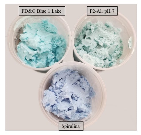 Helado elaborado con un popular sintético (arriba a la izquierda), el nuevo compuesto P2 (arriba a la derecha) y espirulina (abajo).