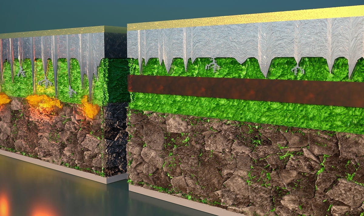 Ilustración que muestra la estructura en capas de la nueva batería (derecha). Las dendritas crecen pero se detienen en la capa intermedia.
