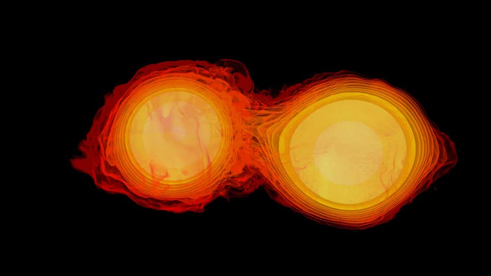 Dos estrellas de neutrones a punto de colisionar.