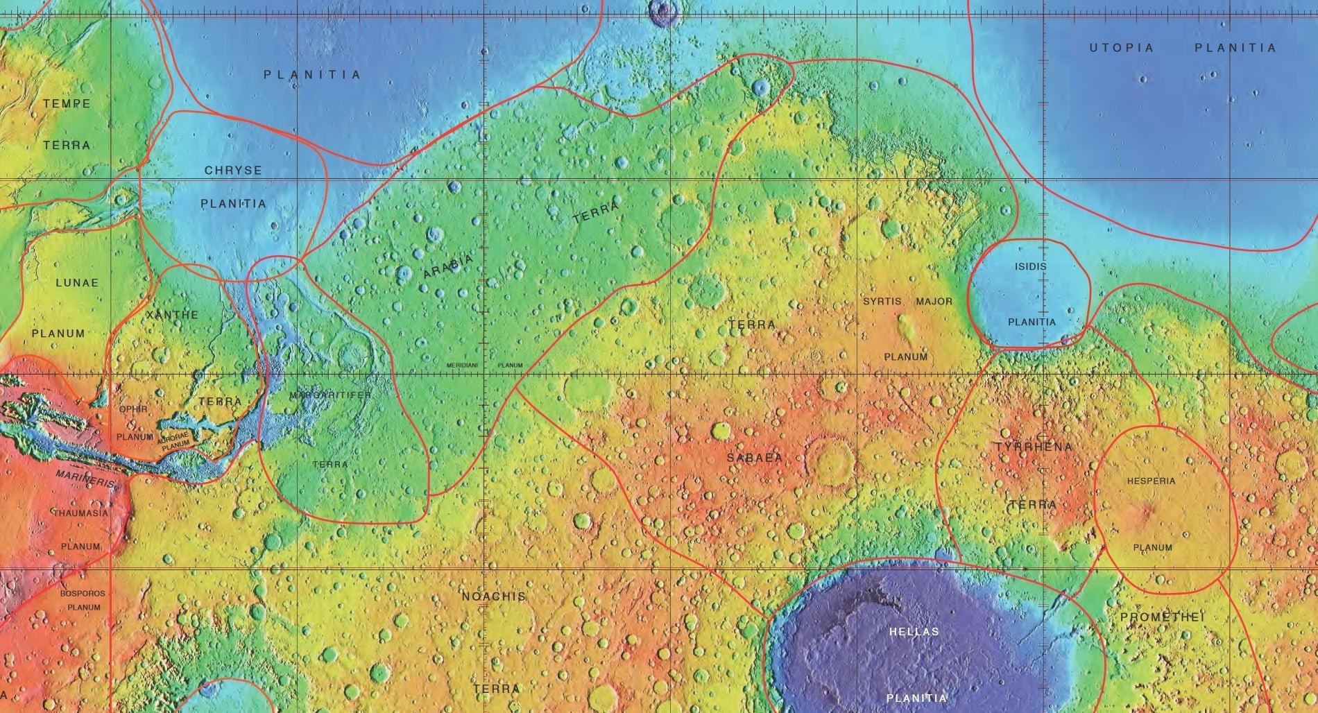 La región de Arabia Terra. Los volcanes ientificados están en su margen superior, lindantes con la llanura.