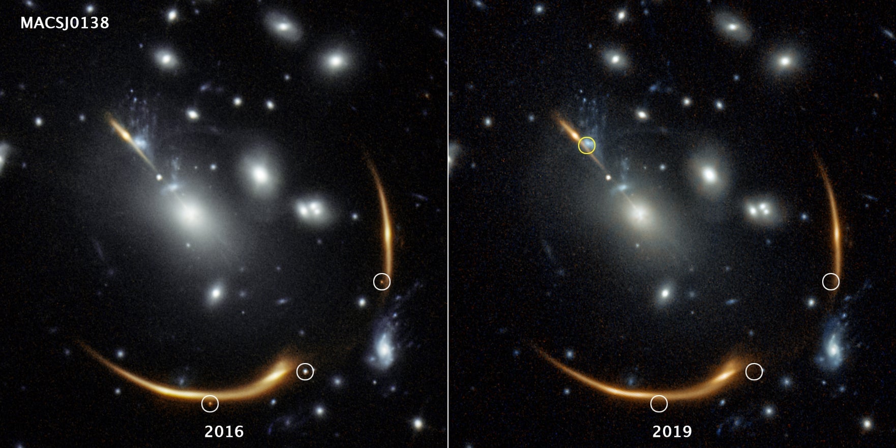 La luz de la supernova Requiem apareció en tres lugares diferentes del espacio en 2016 (izquierda) y desapareció en 2019 (derecha). En la imagen de la derecha, el círculo superior izquierdo representa el lugar donde los investigadores creen que aparecerá la luz alrededor de 2037.