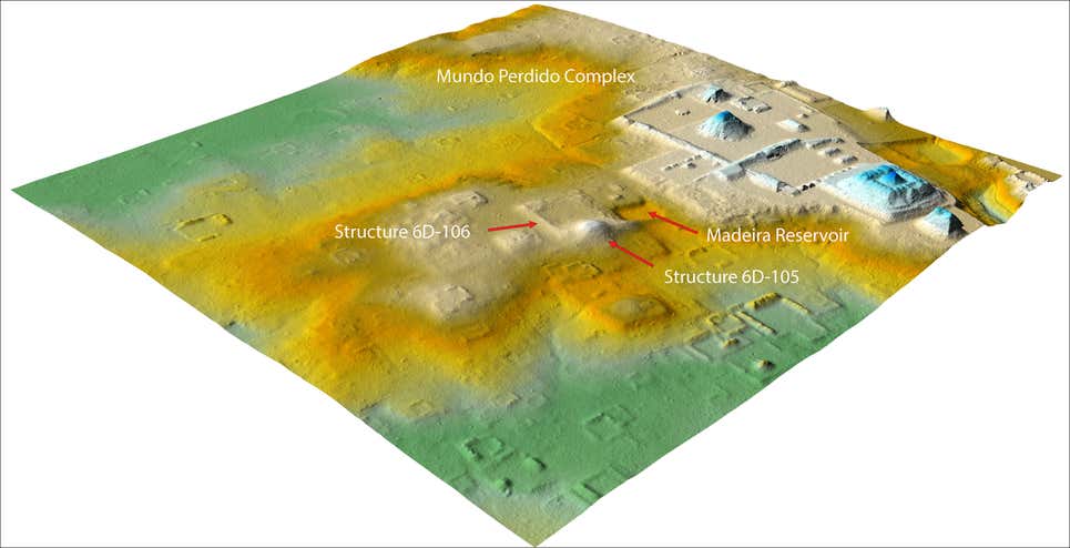 Imagen Lidar que muestra el complejo recién descubierto. La ciudad de Tikal se muestra en la parte superior derecha.