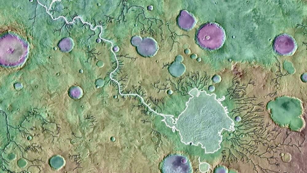 Imagen resaltada del valle Loire Valis, formado por la rotura de una balsa de agua situada en el cráter de Parana Basin.