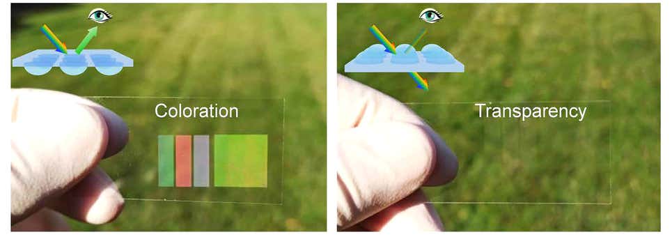 Con las estructuras de microdomo impresas en un solo lado del vidrio, las imágenes son visibles solo desde ese lado; se vuelve completamente transparente cuando se ve desde el otro lado