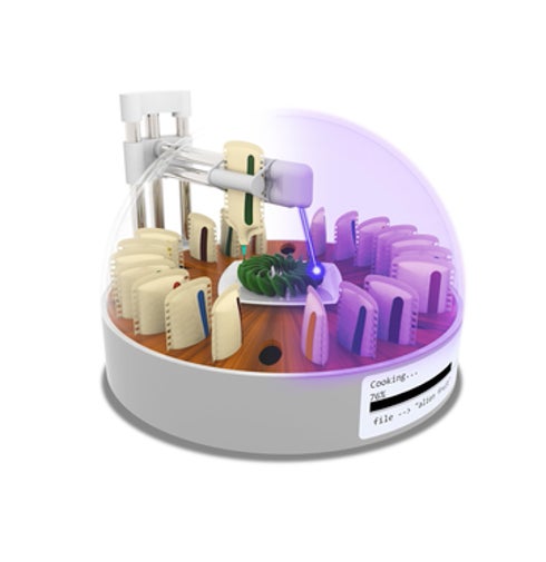 El concepto de un artista de un aparato de cocina que imprime alimentos en 3D a partir de diferentes paquetes de ingredientes.