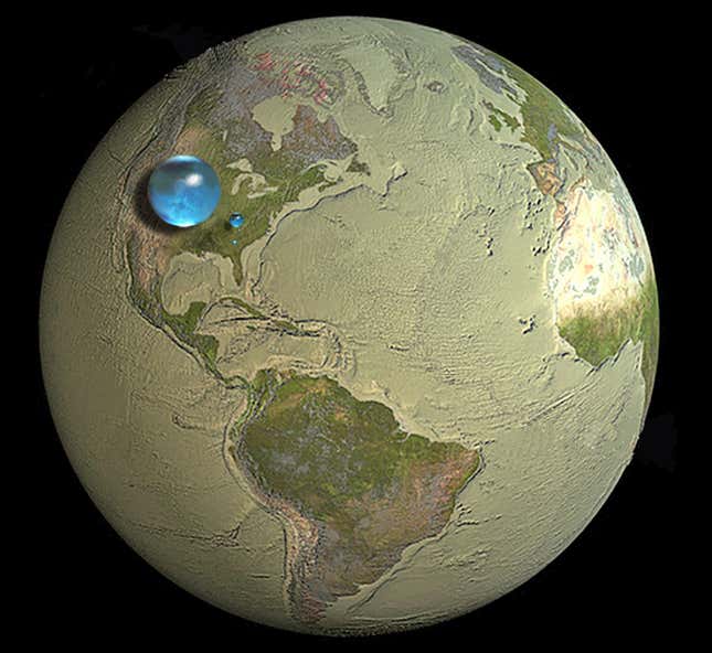 El agua del mundo: la esfera azul más grande representa el volumen total de toda el agua de la Tierra; el segundo más grande representa toda el agua líquida dulce en el suelo, lagos, pantanos y ríos; y la esfera más pequeña representa el agua dulce en lagos y ríos solo
