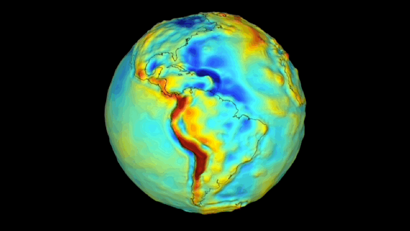 La animación muestra las anomalías gravitacionales de la Tierra. Los colores y alturas representan la fuerza de la gravedad en la localidad.
