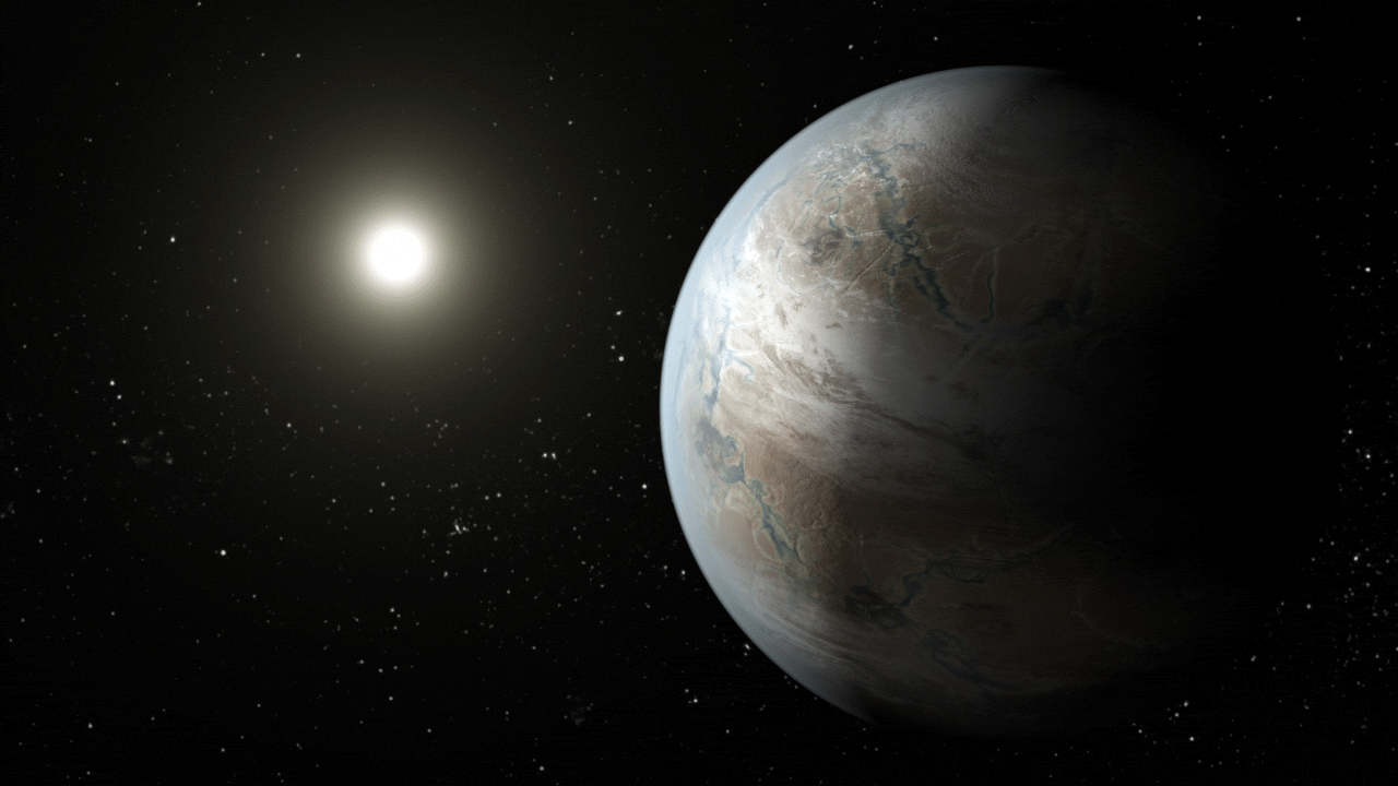 Animación de un artista de Kepler-452B, un planeta del tamaño aproximado de la Tierra en una zona habitable de su estrella.