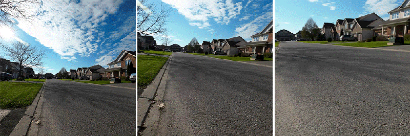 Metraje sin estabilizar (izq), RockSteady activado (centro), HorizonSteady activado (der).