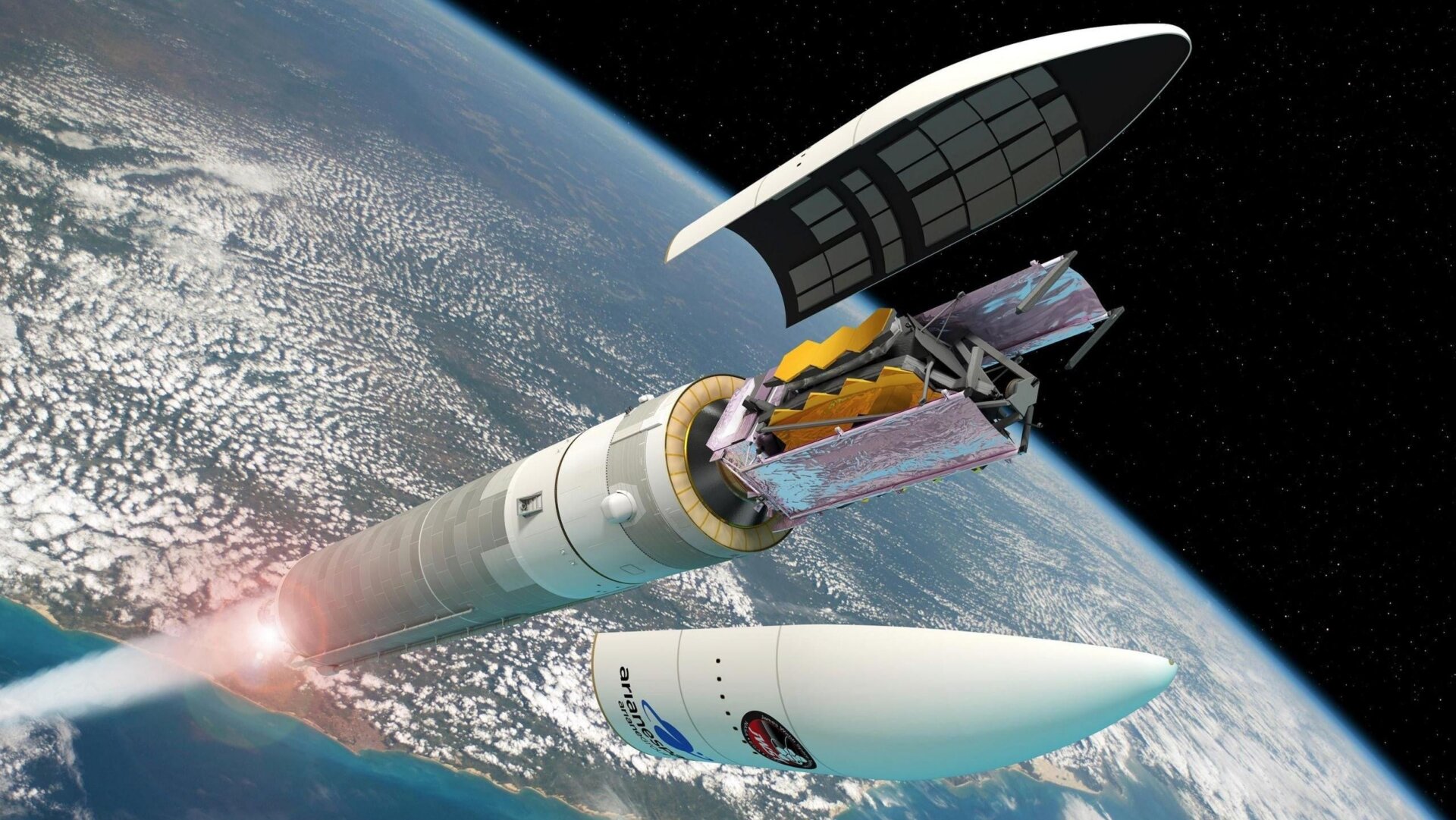 Imagen conceptual que muestra el lanzamiento del telescopio Webb, con la cofia separándose