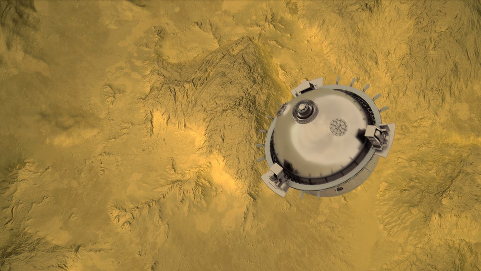 Representación de un artista del orbitador DAVINCI+ descendiendo a la superficie de Venus.