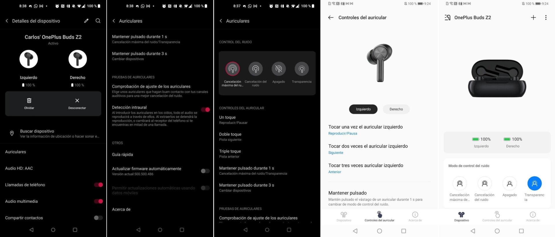 A la izquierda, los controles nativos de OnePlus. A la derecha, los de la app HeyMelody para móviles Android de otros fabricantes.