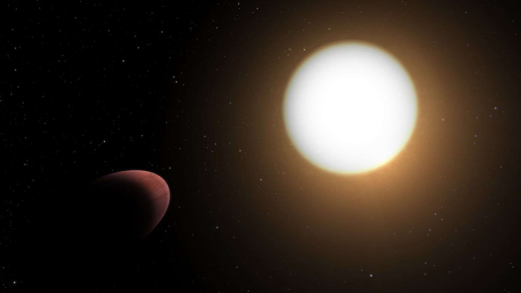 Una ilustración de WASP-103b, un mundo con forma ovalada que orbita alrededor de su estrella anfitriona en menos de un día.