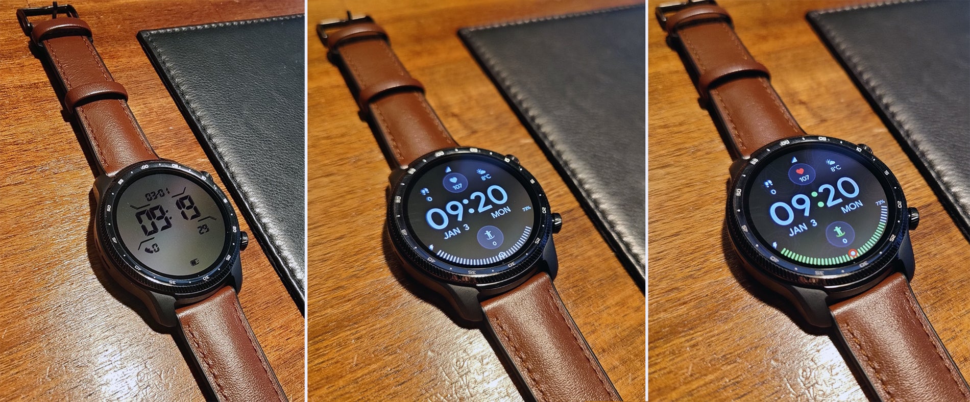 De izquierda a derecha, la pantalla de ahorro de energía del modo Esencial, la pantalla monocroma siempre activa, y la pantalla activada.