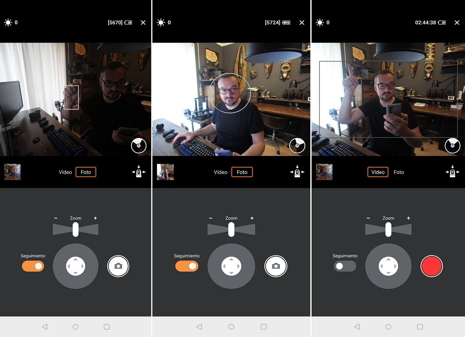 A la izquierda, el modo seguimiento persiguiendo mi mano. En el centro, el círculo que permite hacer enfoque de seguimiento a rostros. En la última imagen, el rectángulo que marca el recorte cuando grabamos vídeo.