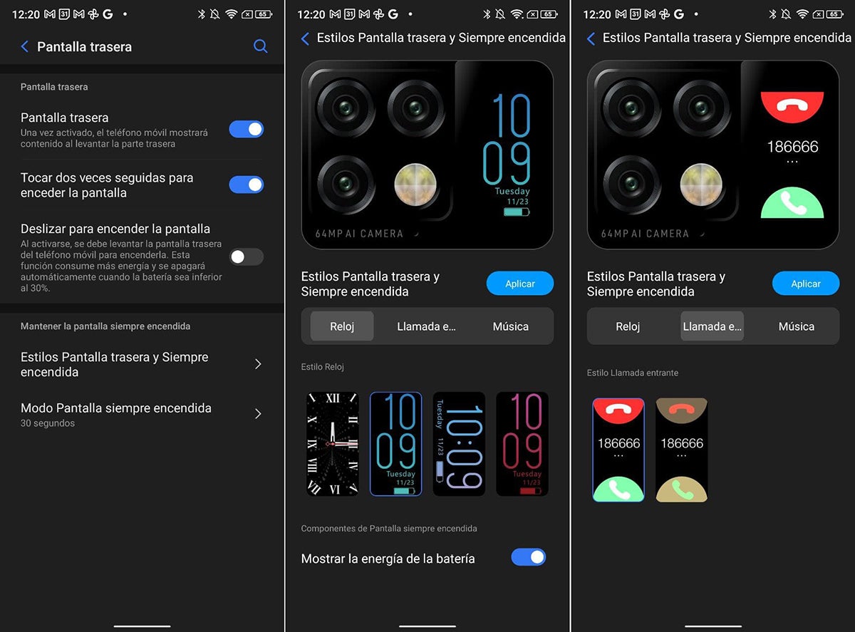 Los menús de configuración de la pantalla secundaria en el Dogee V20.