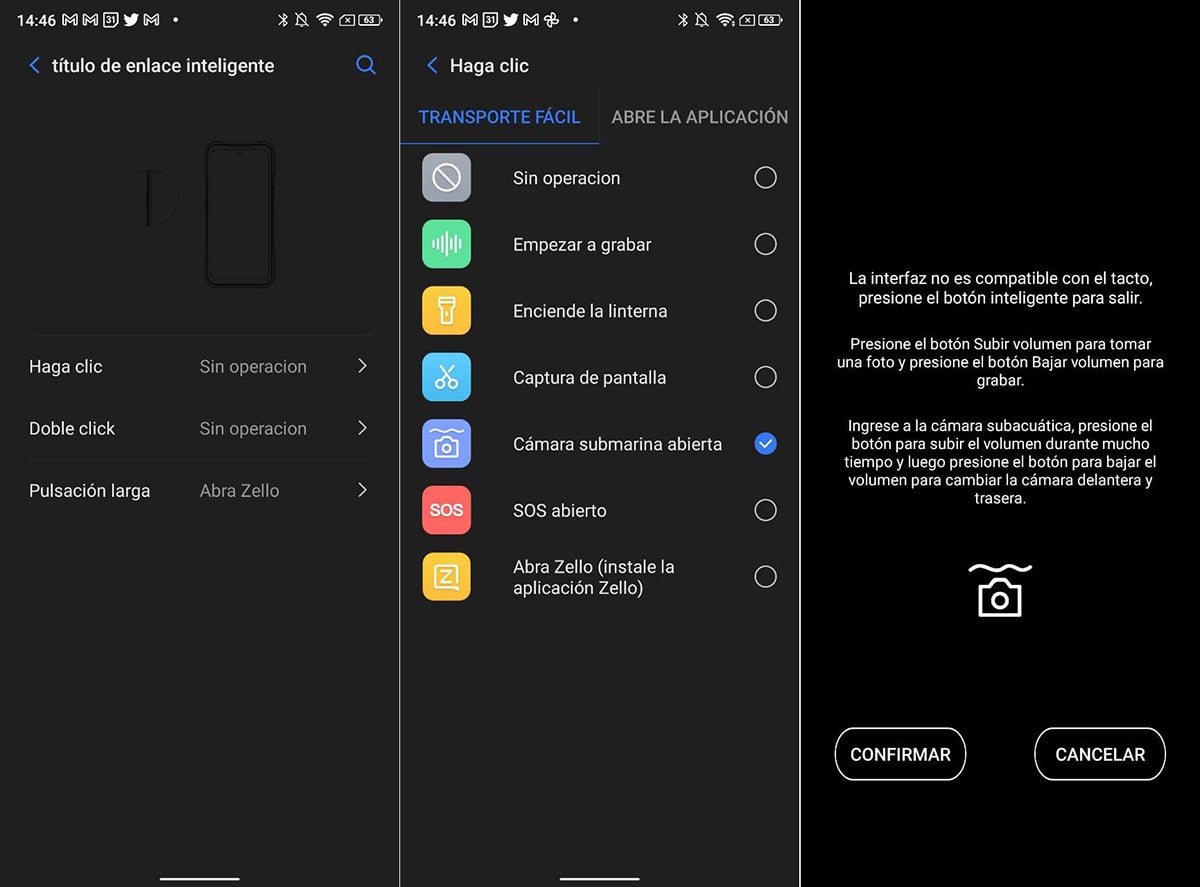 El menú de configuración del botón extra, mal traducido como “Título de enlace inteligente” y la pantalla de advertencia e instrucciones al activar la cámara subacuática.