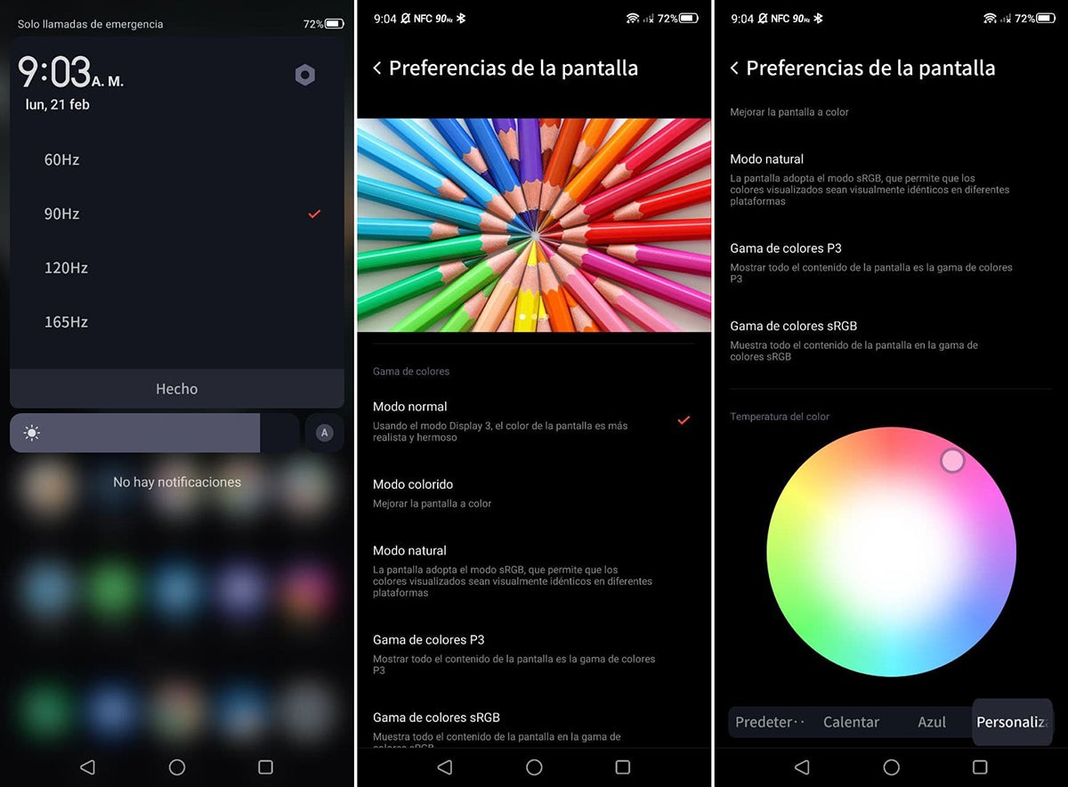 Los Hertzios de la pantalla pueden cambiarse manualmente desde un botón en el menú con opciones básicas de configuración de Android, arrastrando el dedo desde el borde superior.