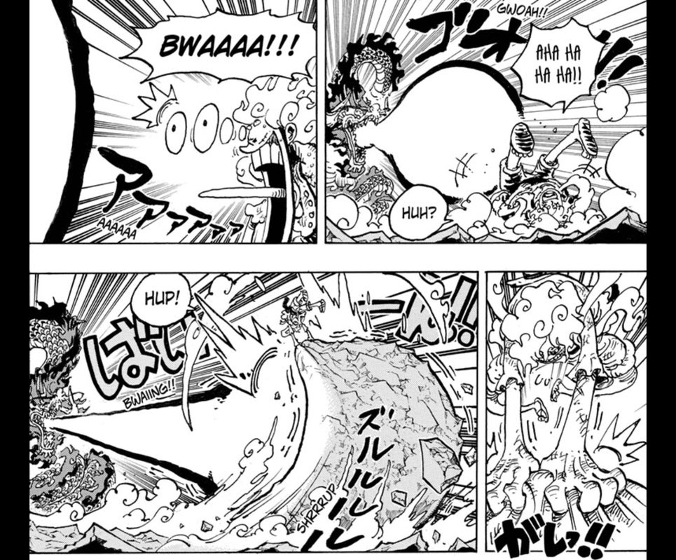 Luffy, en modo Joyboy, reacciona con cómica sorpresa al aliento de Kaido y tira del suelo para formar una barrera.