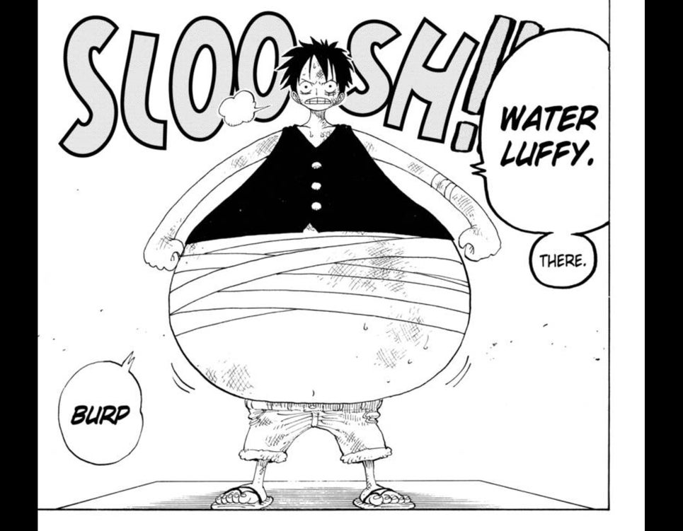 Luffy bebe una enorme cantidad de agua para enfrentarse a un enemigo de arena en el capítulo 122.