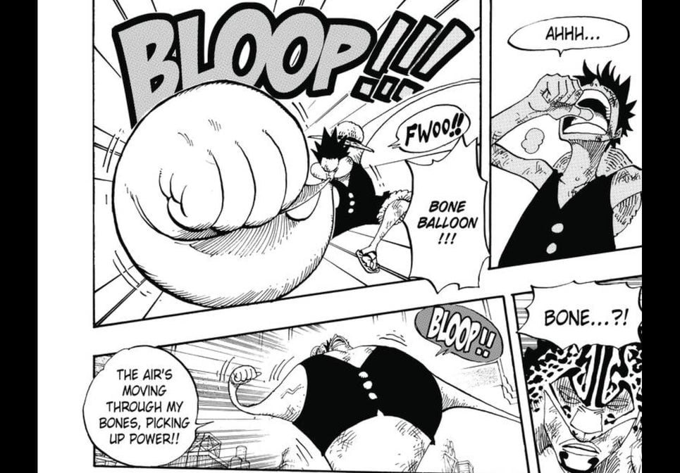 Luffy, en su tercer nivel de poder, que consiste en soplarse el dedo para llenar su cuerpo con aire y aumentar el tamaño de sus puños. (capítulo 200).