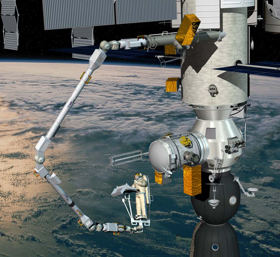 Interpretación artística del brazo robot gigante afuera de la Estación espacial internacional.