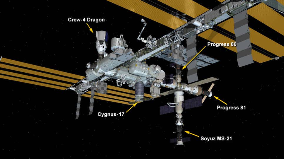 La configuración de la EEI el 3 de junio, mostrando la ubicación de Cygnus-17 y Progress 81.