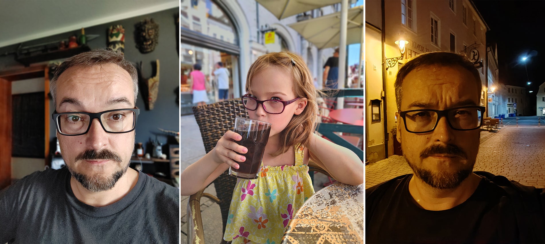 De izquierda a derecha, selfie en modo retrato, mopdo retrato, y selfie nocturno.